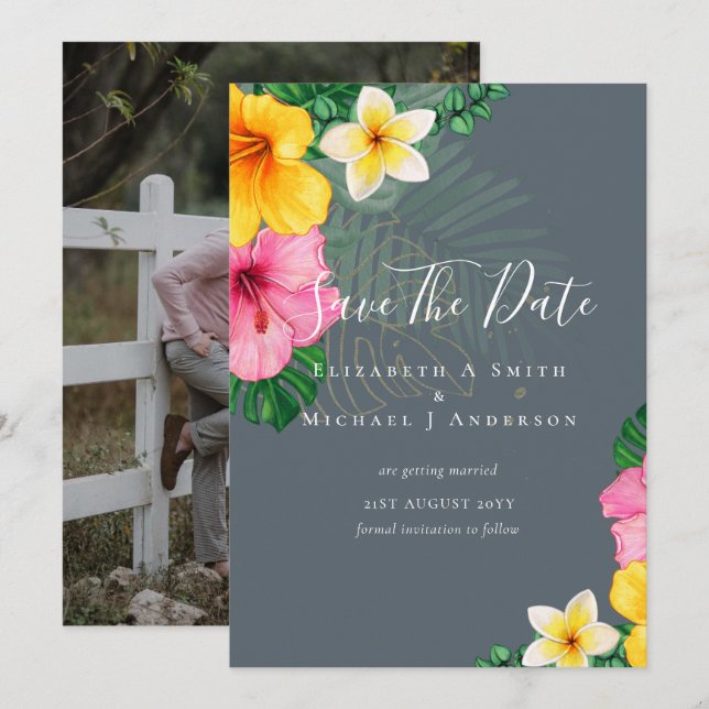 Modern Photo Save Dates TROPICAL FLOWERS Beach (Front/Back)
