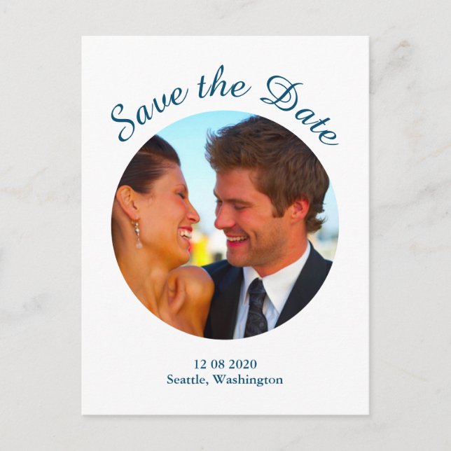 Modern Photo Save the Date - blue Announcement Postcard (Front)