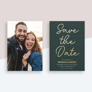 Modern Photo Save The Date Dark Green Real Gold