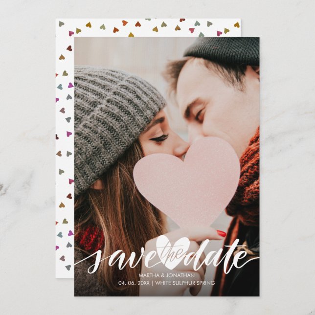 Modern Photo Save the Date Script  Heart Confetti Invitation (Front/Back)