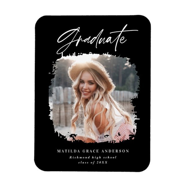 Modern photo script black and white graduation magnet (Vertical)