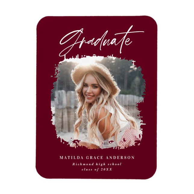 Modern photo script burgundy graduation magnet (Vertical)