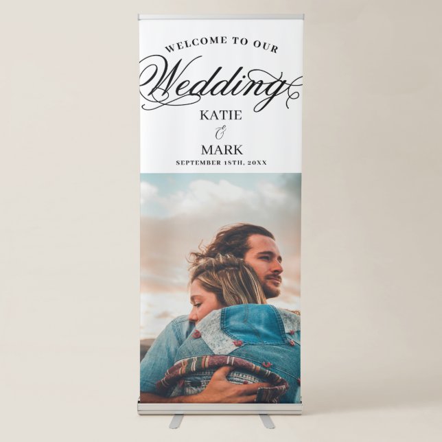 Modern Photo Script Calligraphy Wedding Welcome Retractable Banner (Front)