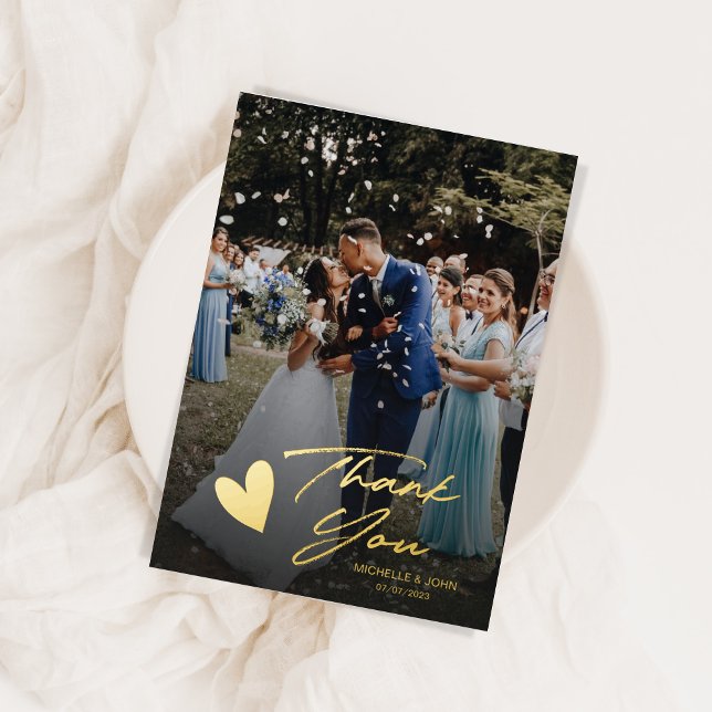 Modern Photo Script Heart Wedding Thank You Foil Greeting Card (Creator Uploaded)