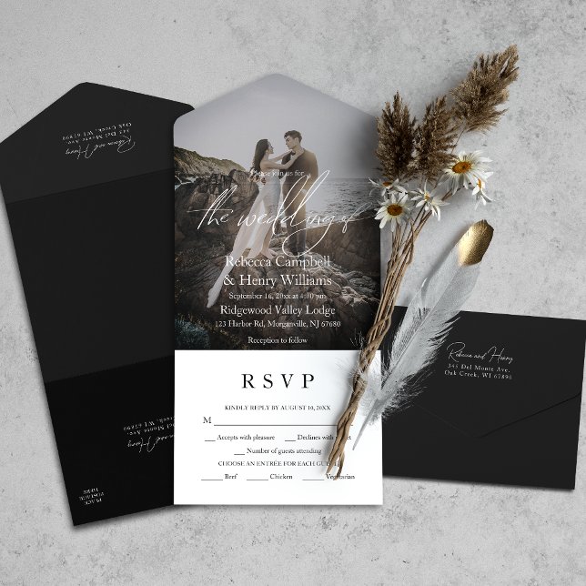 Modern Photo Script RSVP Entree Black Wedding All In One Invitation (All-in-one wedding invitation with QR code to RSVP - Simplify and save time for you and your guests.)