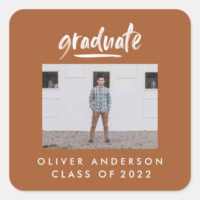 Modern photo script rust terracotta graduation square sticker (Front)