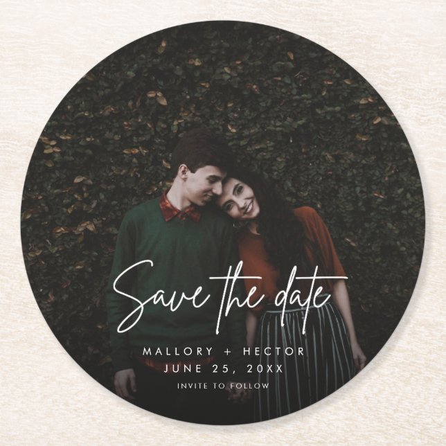 Modern Photo Script Unique Wedding Save the Date Round Paper Coaster (Front)