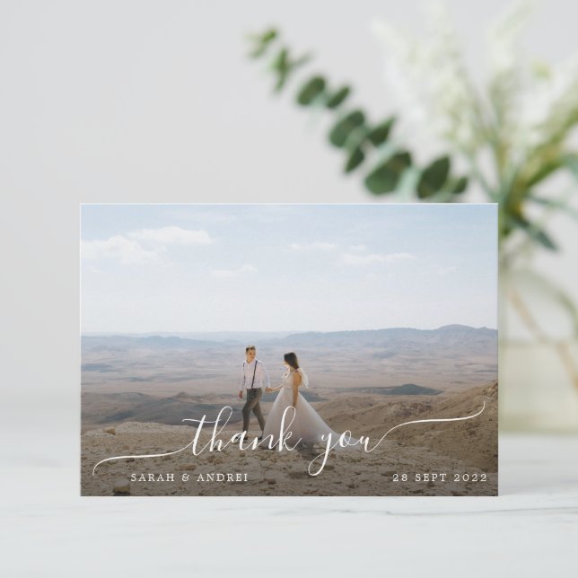 Modern Photo Script Wedding Thank You Card (Standing Front)