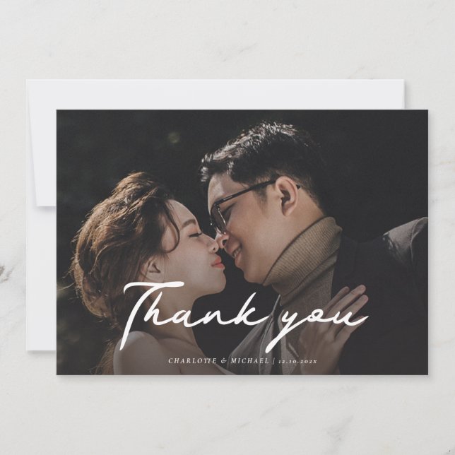 Modern Photo Script Wedding Thank You Card (Front)