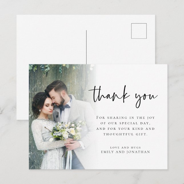 Modern photo Script Wedding Thank You Holiday Post Postcard (Front/Back)