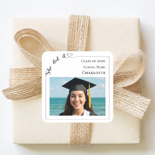 Modern photo She Did It Graduation Party Square Sticker
