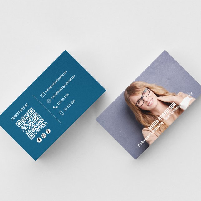 Modern Photo Simple Blue QR Code Social Media Business Card (Simple and minimalist blue and white business card. )