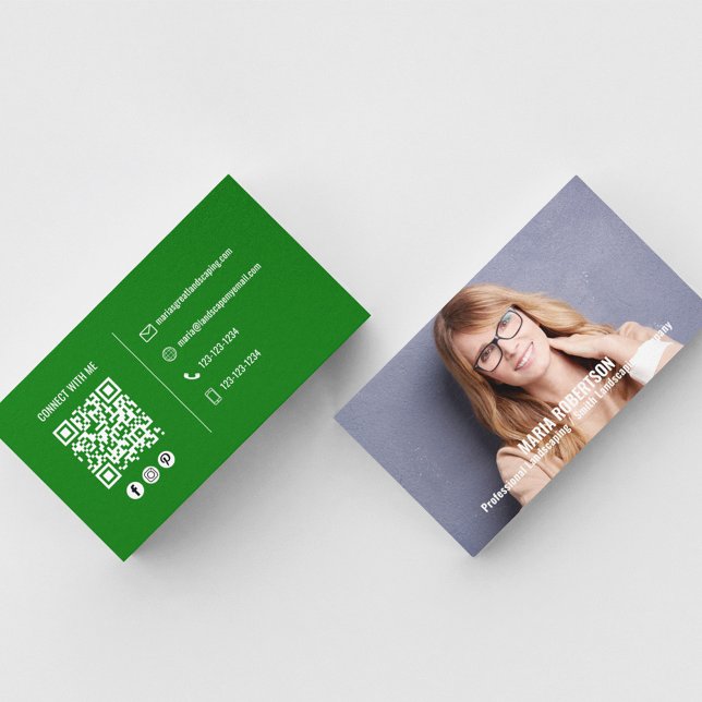 Modern Photo Simple Green QR Code Social Media Business Card (Simple and minimalist green and white business card. )