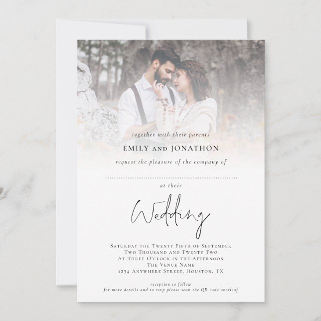 Modern Photo Space for Guest Name QR Code Wedding Invitation (Front)