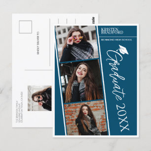 Modern Photo Strips Blue Graduation Announcement Postcard