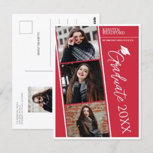 Modern Photo Strips Red Graduation Announcement Postcard