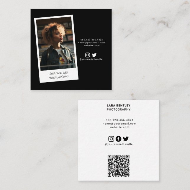 Modern photo stylist social media with QR code Square Business Card (Front/Back)