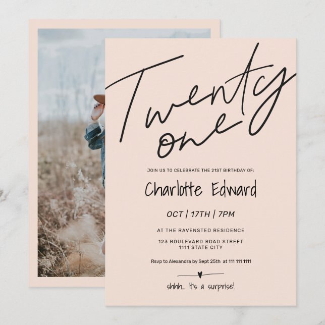 Modern photo surprise 21st birthday blush pink invitation (Front/Back)