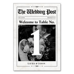 Modern Photo Table Number Card Wedding Newspaper