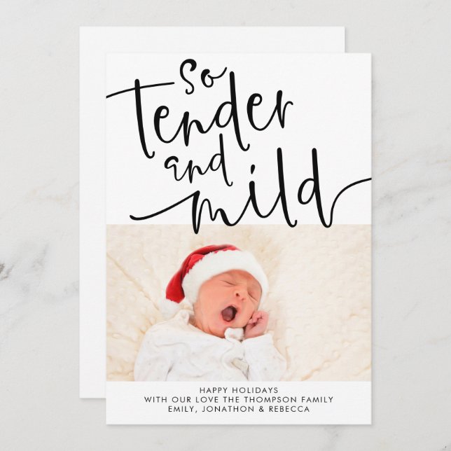 Modern Photo Tender and Mild Black Script White Holiday Card (Front/Back)