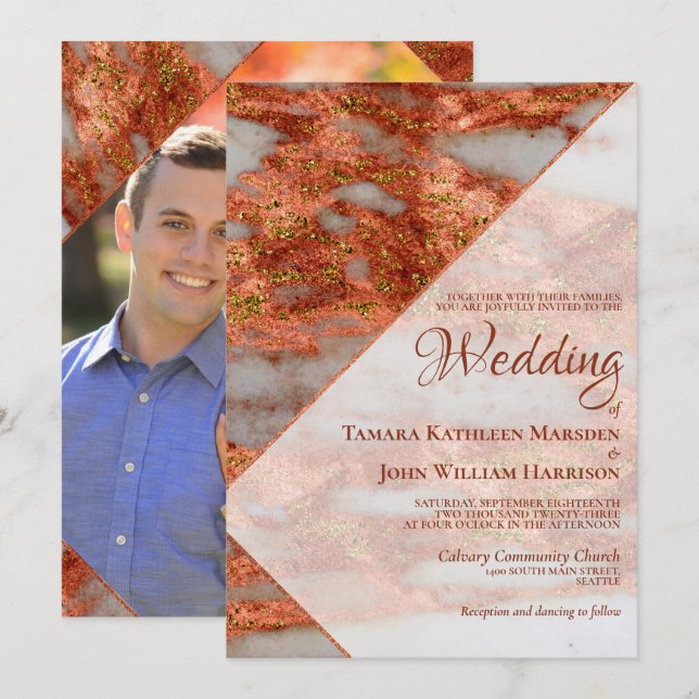 Modern Photo Terracotta Copper Marble Geometric In Invitation (Front/Back)