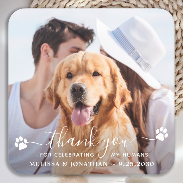 Modern Photo Thank You Dog Lover Pet Wedding Square Paper Coaster (Creator Uploaded)