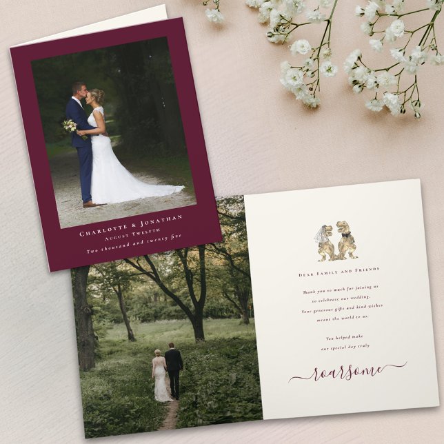 Modern Photo Thanks Dinosaur Wedding Burgundy Thank You Card (Modern 2 photo dinosaur theme wedding thank you burgundy folded card Elegant script cute T-Rex dino)
