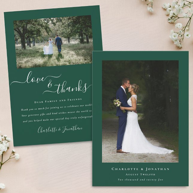 Modern Photo Thanks Green Wedding Thank You Card (Modern 2 photo love and thanks green wedding thank you card landscape and portrait photograph)