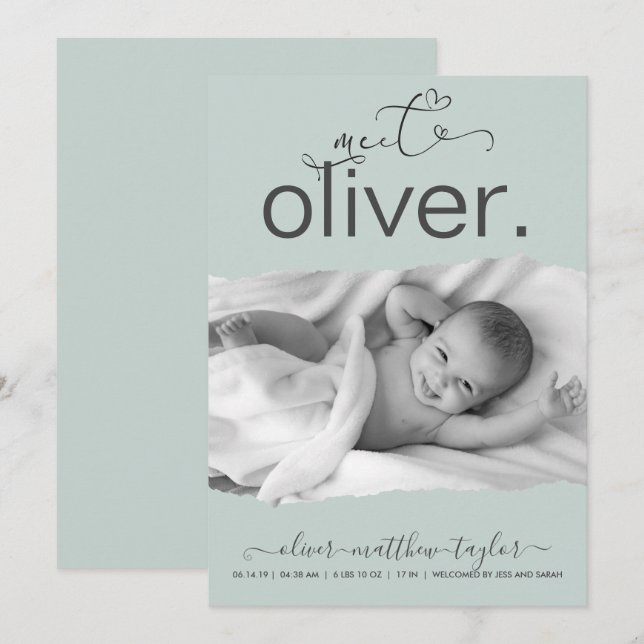 Modern Photo Torn Paper Frame Birth Announcement (Front/Back)