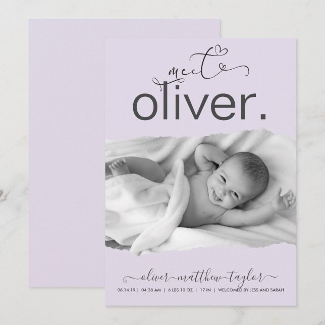 Modern Photo Torn Paper Frame Birth Announcement (Front/Back)