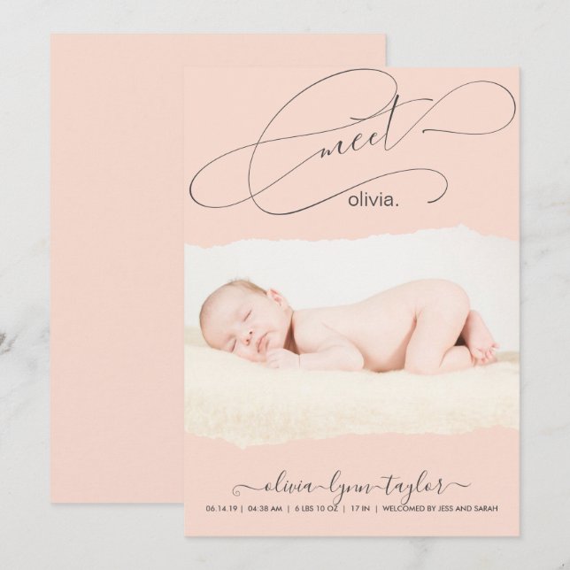 Modern Photo Torn Paper Frame Birth Announcement (Front/Back)