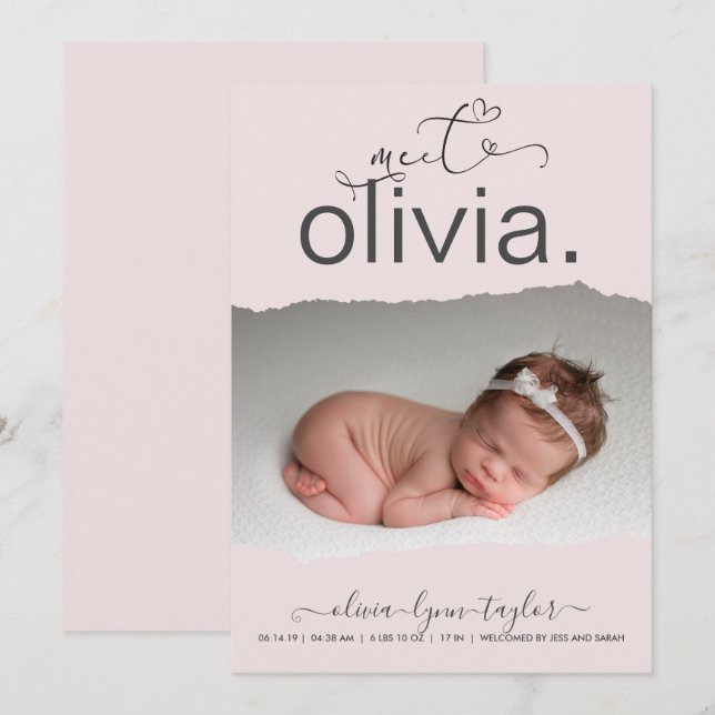 Modern Photo Torn Paper Frame Birth Announcement (Front/Back)
