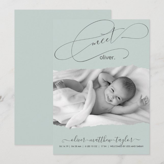 Modern Photo Torn Paper Frame Birth Announcement (Front/Back)