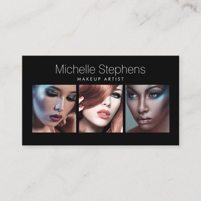 Modern Photo Trio for Makeup Artists Black II Business Card (Front)