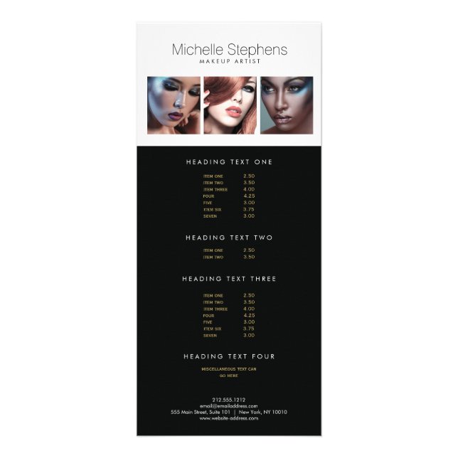 Modern Photo Trio for Makeup Artists, Stylists Rack Card (Front)
