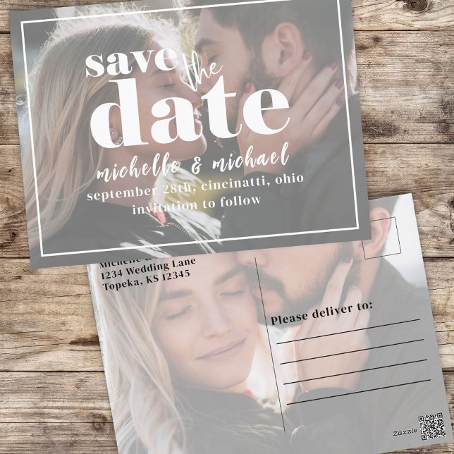 Modern Photo Typography Bold Simple Minimalist Postcard (A Save the date photo postcard template)
