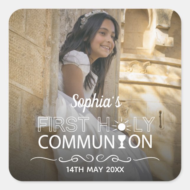 Modern Photo Typography First Holy Communion Square Sticker (Front)