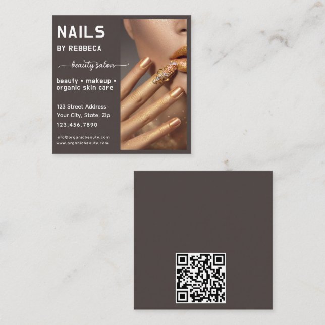 Modern Photo Typography Nail Artist QR Code Square Business Card (Front/Back)