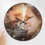 Modern Photo Wall Large Clock<br><div class="desc">Celebrate timeless love with this Custom Photo Wall Large Clock. Featuring one of your favourite photos, elegant script, and classic Roman numerals, it’s a modern and unique keepsake for newlyweds or as an engagement gift. If you’d like help personalising it to make it truly special, let me know—I’d be happy...</div>