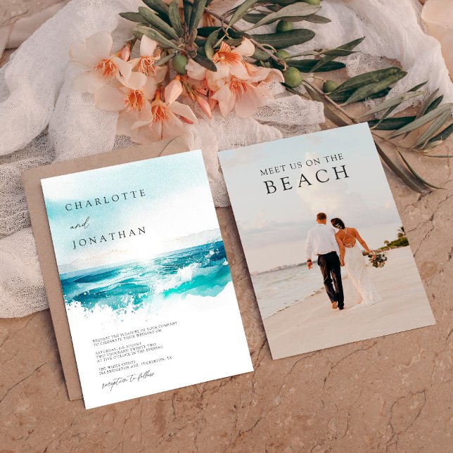 Modern Photo Watercolor Beach Wedding Invitation (Creator Uploaded)