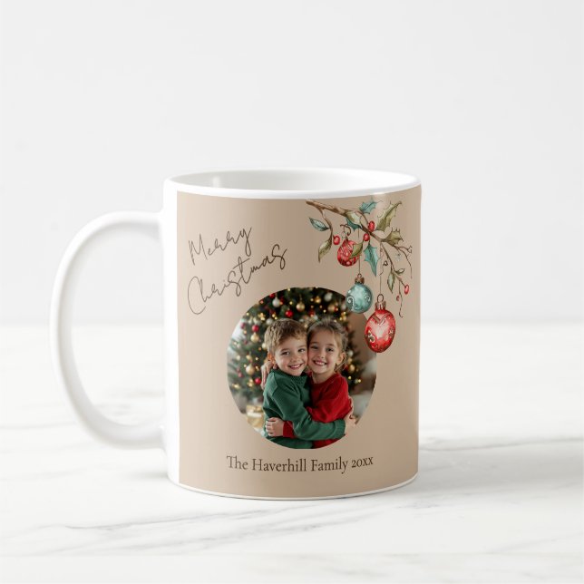 Modern Photo Watercolor Ornaments Christmas Beige Coffee Mug (Left)