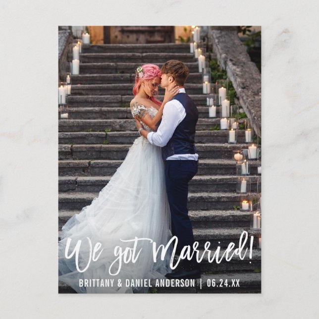 Modern Photo We Got Married Brush Script Postcard (Front)
