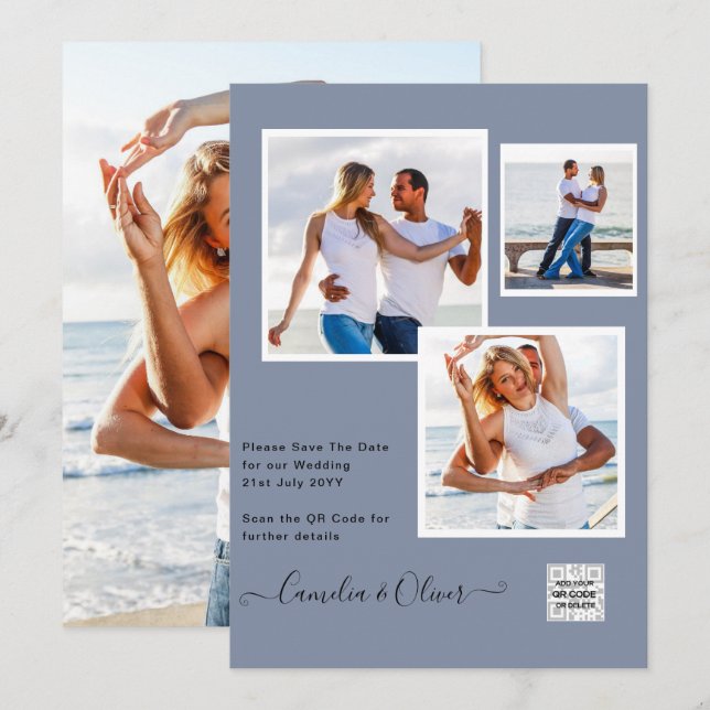 Modern PHOTO Wedding Invite QR CODE RSVP Blue (Front/Back)