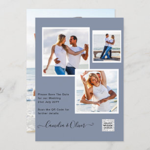 Modern PHOTO Wedding Invite QR CODE RSVP Blue