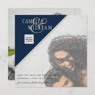 Modern PHOTO Wedding Invite QR CODE RSVP Blue
