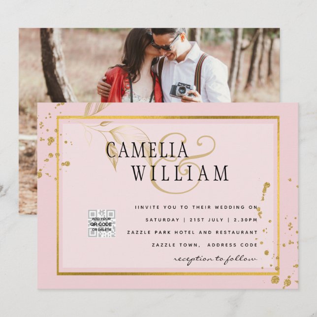 Modern PHOTO Wedding Invite QR CODE RSVP BlushPINK (Front/Back)