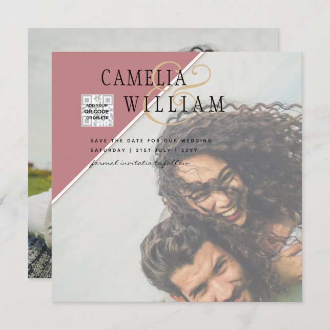 Modern PHOTO Wedding Invite QR CODE RSVP DustyROSE (Front/Back)