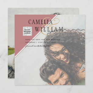 Modern PHOTO Wedding Invite QR CODE RSVP DustyROSE