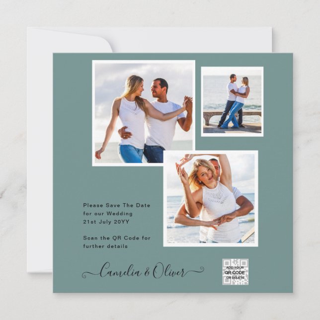 Modern PHOTO Wedding Invite QR CODE Rsvp Green (Front)