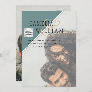 Modern PHOTO Wedding Invite QR CODE Rsvp Green